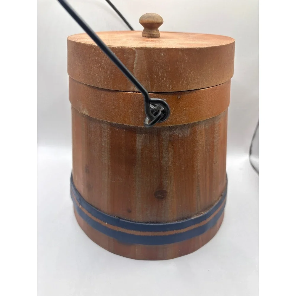 Rustic Wooden Decorative Bucket with Lid and Metal Handle Farmhouse Decor